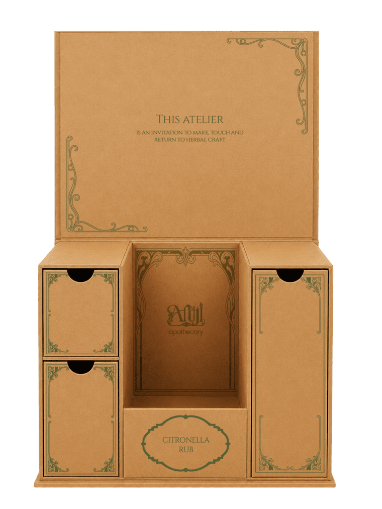 Citronella Rub Atelier Box, open, showing its drawers and vessels