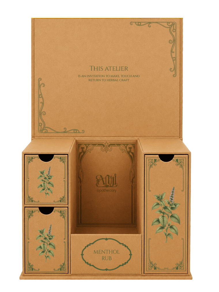 Menthol Rub Atelier Box, open, showing its drawers and vessels