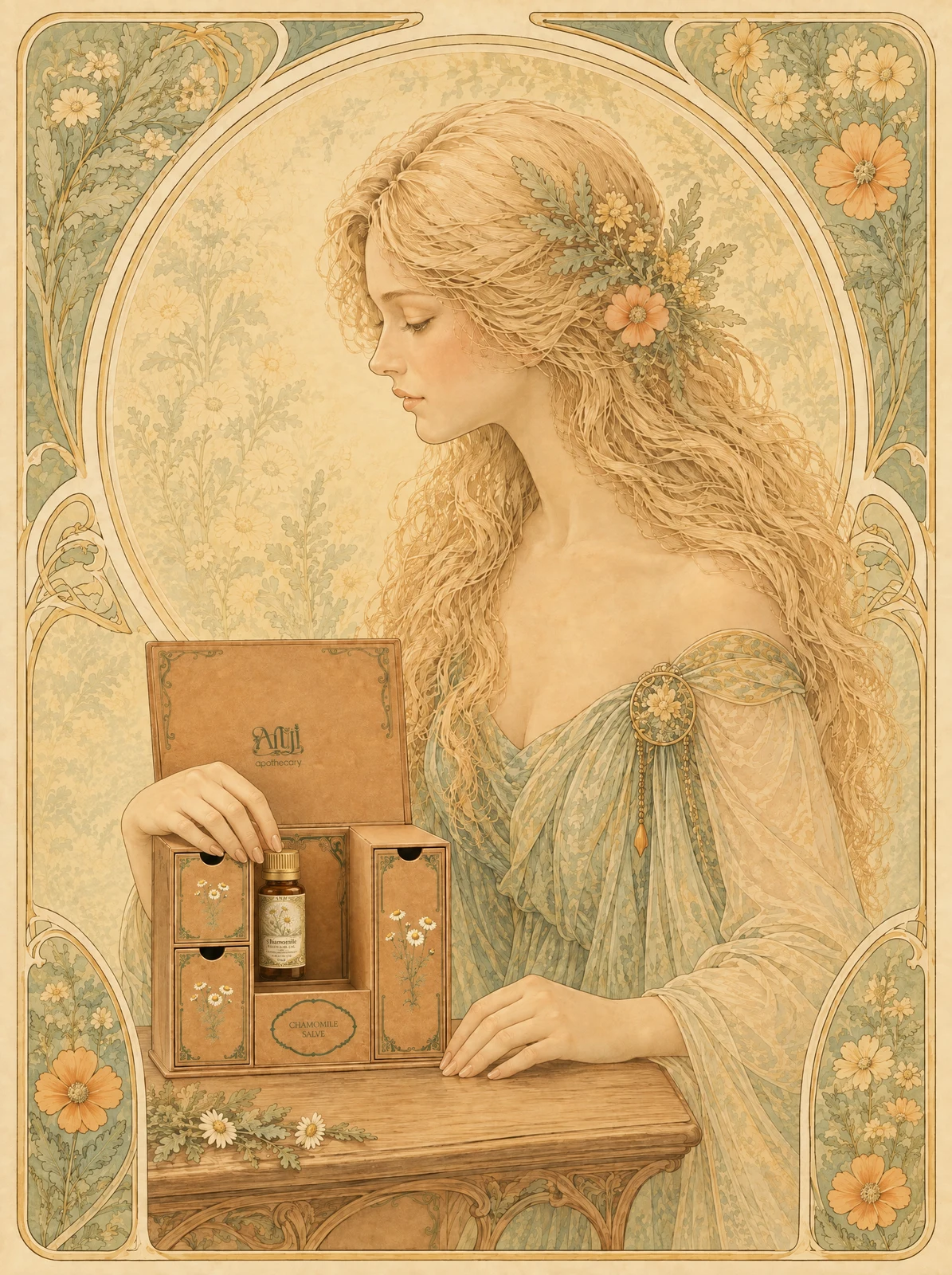 The golden woman discovers an ingredient in the ANJI cabinet