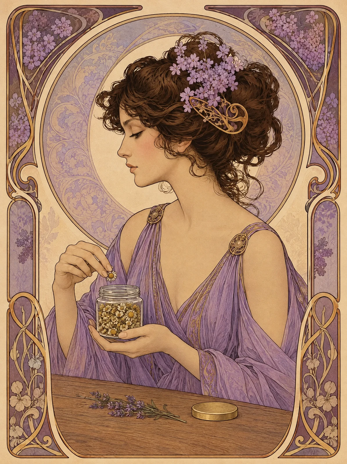 The lilac woman examines a chamomile flower