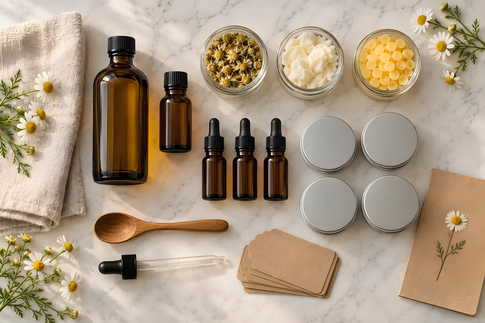 Ingredients and tools of the Chamomile Salve atelier